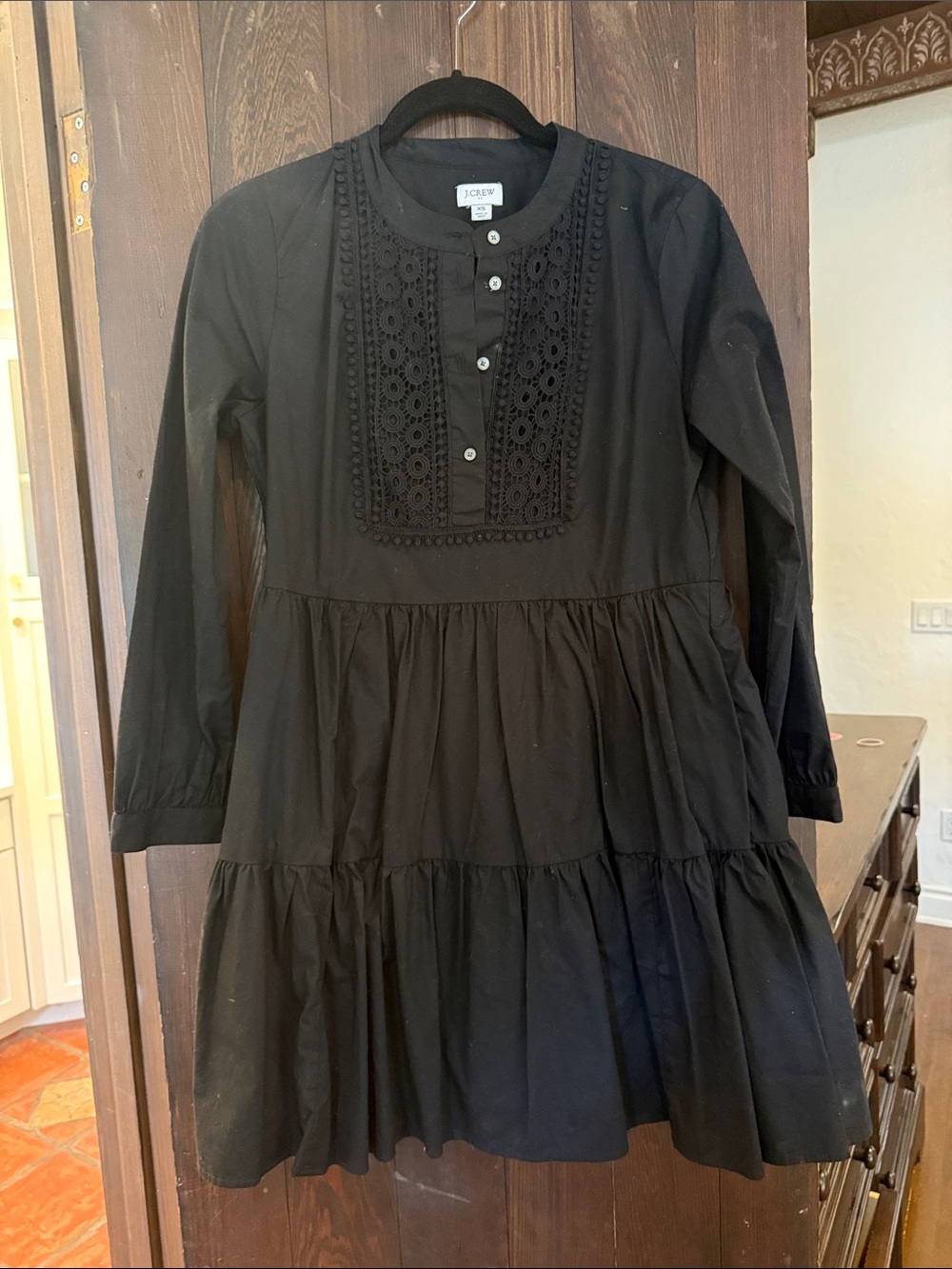 J. Crew Black Long-Sleeve Tiered Dress with Lace Bib